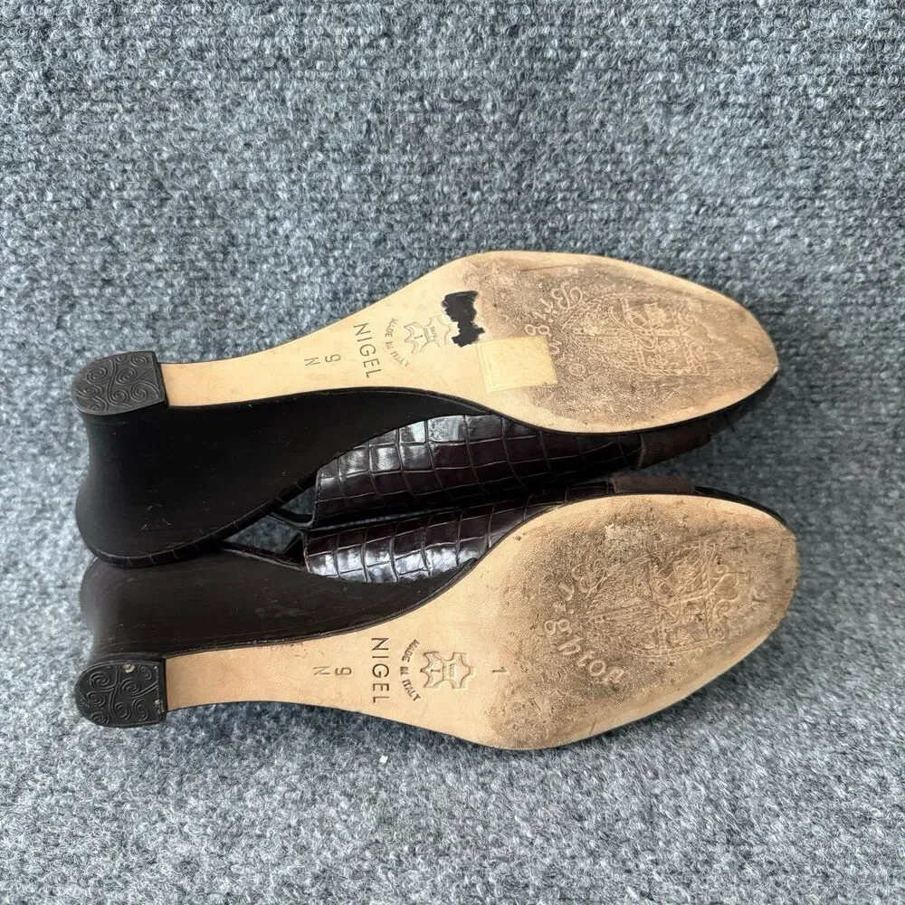 Brighton Nigel Croc Embossed Leather Slingback Wedge Heel Peep Toe Italy 9 N